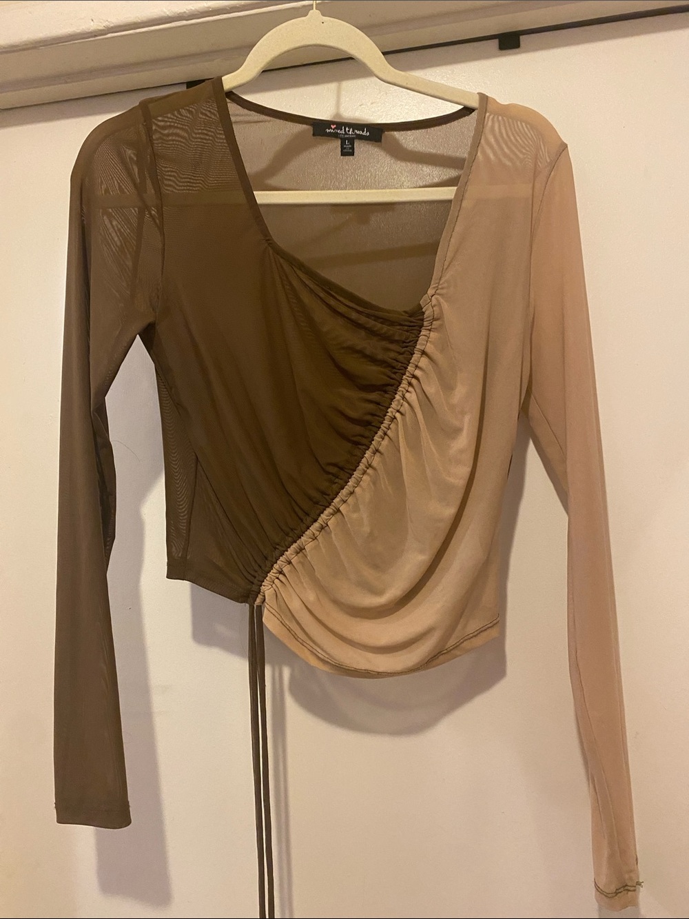 Two-Tone Brown Asymmetric Ruched Mesh Crop Top